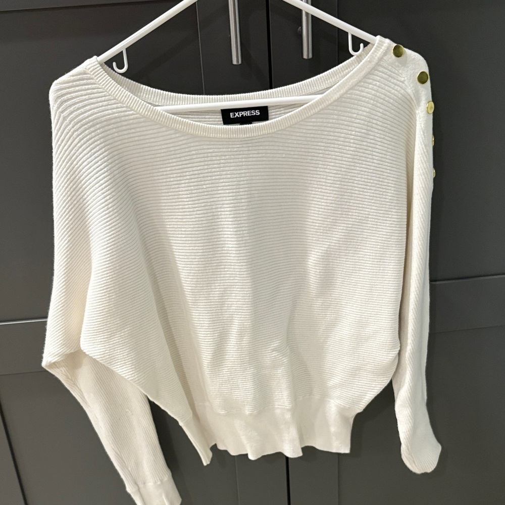 Express White Knit Sweater with Gold Buttons on Sleeves